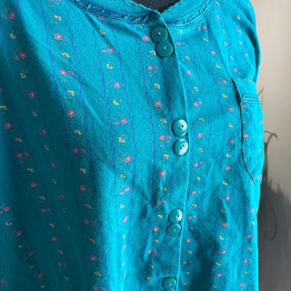 VTG 90s Earth Angels Teal Floral Button Down Top Women Plus 1X 18 20 Cotton Boho